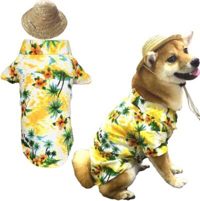 Hawaiian Pet Dog T-Shirt Summer Camp Clothes Apparel with Straw Hat