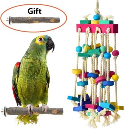 KATUMO Bird Chewing Toy with Bird Perch Nature Wood Stand Parrot Cage