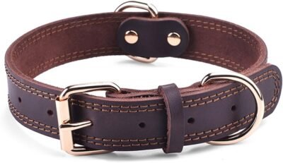 DAIHAQIKO Leather Dog Collar Genuine Leather Alloy Hardware Double