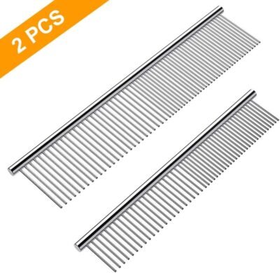 Cafhelp 2 Pack Dog Combs with Rounded Ends Stainless Steel Teeth Cat