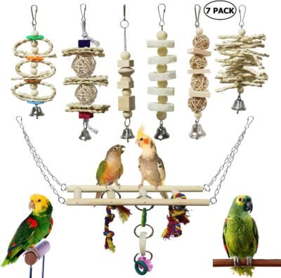BWOGUE 7 Packs Bird Parrot Toys Natural Wood Chewing Toy Bird Cage