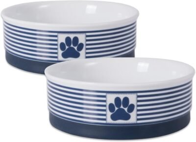 Bone Dry DII Paw Patch & Stripes Ceramic Pet Bowl for Food & Water