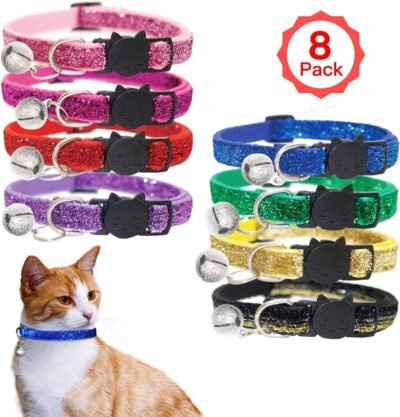 KUDES 8 PCSSet Bling Cat Collars Breakaway with Bell for Kitten Puppy