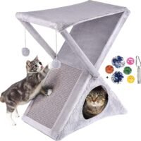 Ruff 'n Ruffus Foldable Cat Tower Tree Free Bonus Handheld Chase Toy